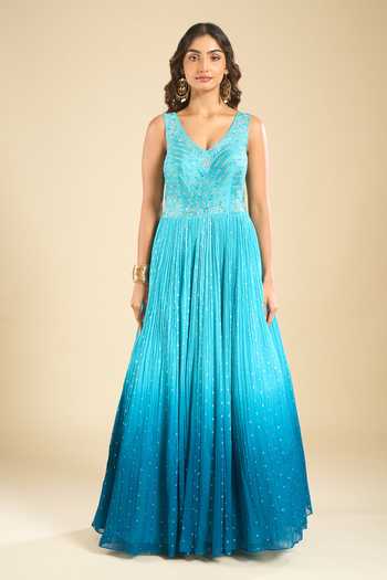 Buy Samyukta Singhania Blue Georgette, Dupion, Organza V-neck Ombre Anarkali And Dupatta Set Online at Aza Fashions Buy_Samyukta Singhania_Blue Georgette, Dupion, Organza V-neck Ombre Anarkali And Dupatta Set _Online_at_Aza_Fashions