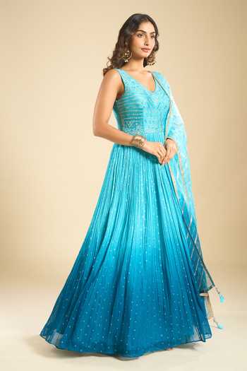 Shop Samyukta Singhania Blue Georgette, Dupion, Organza V-neck Ombre Anarkali And Dupatta Set Online at Aza Fashions Shop_Samyukta Singhania_Blue Georgette, Dupion, Organza V-neck Ombre Anarkali And Dupatta Set _Online_at_Aza_Fashions