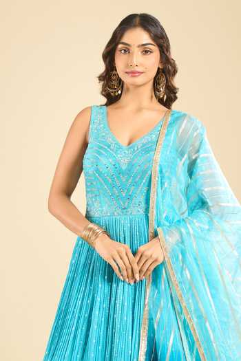 Samyukta Singhania Blue Georgette, Dupion, Organza V-neck Ombre Anarkali And Dupatta Set at Aza Fashions Samyukta Singhania_Blue Georgette, Dupion, Organza V-neck Ombre Anarkali And Dupatta Set _at_Aza_Fashions