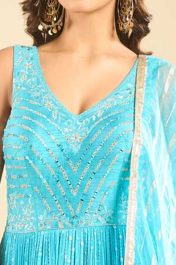 Buy Samyukta Singhania Blue Georgette, Dupion, Organza V-neck Ombre Anarkali And Dupatta Set Buy_Samyukta Singhania_Blue Georgette, Dupion, Organza V-neck Ombre Anarkali And Dupatta Set