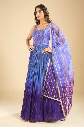 Shop Samyukta Singhania Multicolor Georgette, Dupion, Organza Scoop Neck Pleated Anarkali And Dupatta Set Online at Aza Fashions Shop_Samyukta Singhania_Multicolor Georgette, Dupion, Organza Scoop Neck Pleated Anarkali And Dupatta Set _Online_at_Aza_Fashions
