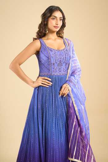 Samyukta Singhania Multicolor Georgette, Dupion, Organza Scoop Neck Pleated Anarkali And Dupatta Set at Aza Fashions Samyukta Singhania_Multicolor Georgette, Dupion, Organza Scoop Neck Pleated Anarkali And Dupatta Set _at_Aza_Fashions
