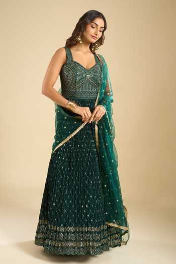 Buy_Samyukta Singhania_Green Georgette, Dupion Sweetheart Neck Embroidered Anarkali And Dupatta Set _Online_at_Aza_Fashions