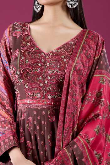 Buy Samyukta Singhania Red Polyester, Chinon Scoop Neck Floral Print Anarkali And Dupatta Set Online at Aza Fashions Buy_Samyukta Singhania_Red Polyester, Chinon Scoop Neck Floral Print Anarkali And Dupatta Set _Online_at_Aza_Fashions