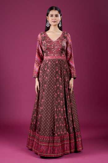 Shop Samyukta Singhania Red Polyester, Chinon Scoop Neck Floral Print Anarkali And Dupatta Set Online at Aza Fashions Shop_Samyukta Singhania_Red Polyester, Chinon Scoop Neck Floral Print Anarkali And Dupatta Set _Online_at_Aza_Fashions
