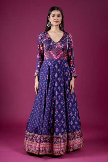 Samyukta Singhania Blue Polyester, Chinon V-neck Butti Print Anarkali And Dupatta Set Online at Aza Fashions Samyukta Singhania_Blue Polyester, Chinon V-neck Butti Print Anarkali And Dupatta Set _Online_at_Aza_Fashions