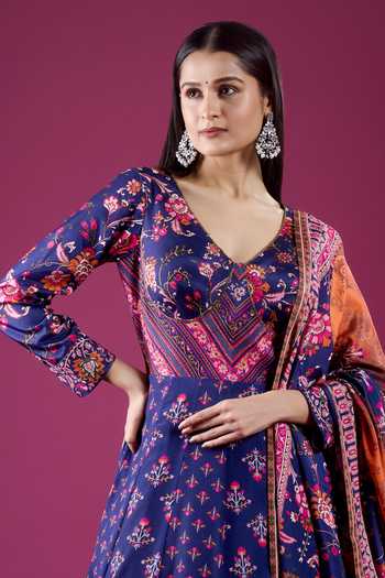 Buy Samyukta Singhania Blue Polyester, Chinon V-neck Butti Print Anarkali And Dupatta Set Online at Aza Fashions Buy_Samyukta Singhania_Blue Polyester, Chinon V-neck Butti Print Anarkali And Dupatta Set _Online_at_Aza_Fashions
