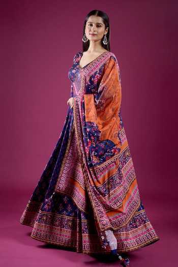 Shop Samyukta Singhania Blue Polyester, Chinon V-neck Butti Print Anarkali And Dupatta Set Online at Aza Fashions Shop_Samyukta Singhania_Blue Polyester, Chinon V-neck Butti Print Anarkali And Dupatta Set _Online_at_Aza_Fashions