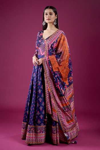 Samyukta Singhania Blue Polyester, Chinon V-neck Butti Print Anarkali And Dupatta Set at Aza Fashions Samyukta Singhania_Blue Polyester, Chinon V-neck Butti Print Anarkali And Dupatta Set _at_Aza_Fashions