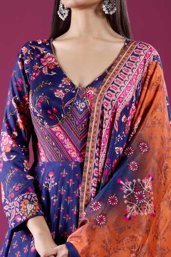 Buy Samyukta Singhania Blue Polyester, Chinon V-neck Butti Print Anarkali And Dupatta Set Buy_Samyukta Singhania_Blue Polyester, Chinon V-neck Butti Print Anarkali And Dupatta Set