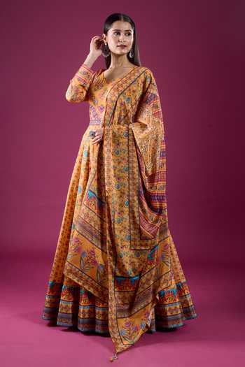 Buy Samyukta Singhania Yellow Polyester, Chinon Scoop Neck Floral Print Anarkali Set Online at Aza Fashions Buy_Samyukta Singhania_Yellow Polyester, Chinon Scoop Neck Floral Print Anarkali Set _Online_at_Aza_Fashions