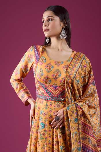 Shop Samyukta Singhania Yellow Polyester, Chinon Scoop Neck Floral Print Anarkali Set Online at Aza Fashions Shop_Samyukta Singhania_Yellow Polyester, Chinon Scoop Neck Floral Print Anarkali Set _Online_at_Aza_Fashions