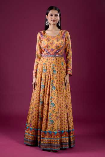 Samyukta Singhania Yellow Polyester, Chinon Scoop Neck Floral Print Anarkali Set at Aza Fashions Samyukta Singhania_Yellow Polyester, Chinon Scoop Neck Floral Print Anarkali Set _at_Aza_Fashions