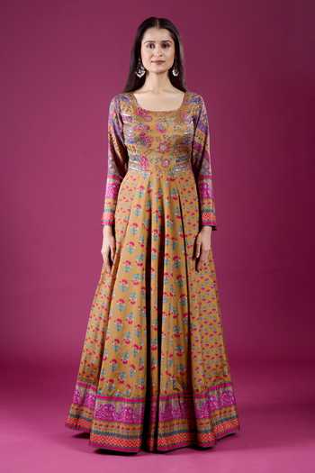 Shop Samyukta Singhania Multi Color Polyester, Chinon Scoop Neck Printed Anarkali And Dupatta Set Online at Aza Fashions Shop_Samyukta Singhania_Multi Color Polyester, Chinon Scoop Neck Printed Anarkali And Dupatta Set _Online_at_Aza_Fashions