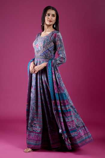 Samyukta Singhania_Grey Polyester, Chinon Scoop Neck Printed Anarkali And Dupatta Set _Online_at_Aza_Fashions