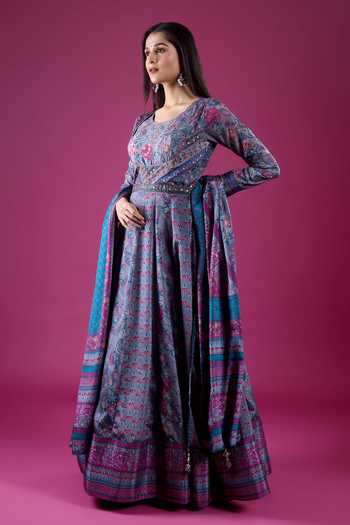 Buy_Samyukta Singhania_Grey Polyester, Chinon Scoop Neck Printed Anarkali And Dupatta Set _Online_at_Aza_Fashions