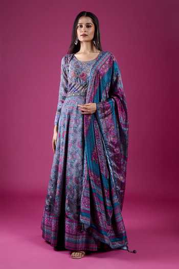 Shop_Samyukta Singhania_Grey Polyester, Chinon Scoop Neck Printed Anarkali And Dupatta Set _Online_at_Aza_Fashions