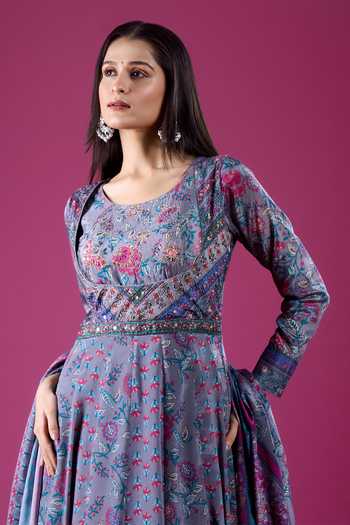 Samyukta Singhania_Grey Polyester, Chinon Scoop Neck Printed Anarkali And Dupatta Set _at_Aza_Fashions