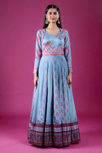 Samyukta Singhania_Sky Blue Polyester, Chinon Scoop Neck Floral Print Anarkali And Dupatta Set _Online_at_Aza_Fashions