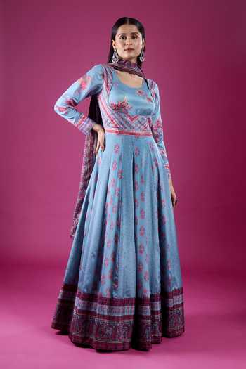 Buy_Samyukta Singhania_Sky Blue Polyester, Chinon Scoop Neck Floral Print Anarkali And Dupatta Set _Online_at_Aza_Fashions