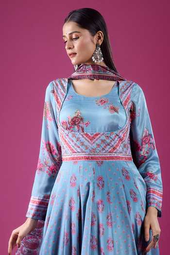 Shop_Samyukta Singhania_Sky Blue Polyester, Chinon Scoop Neck Floral Print Anarkali And Dupatta Set _Online_at_Aza_Fashions