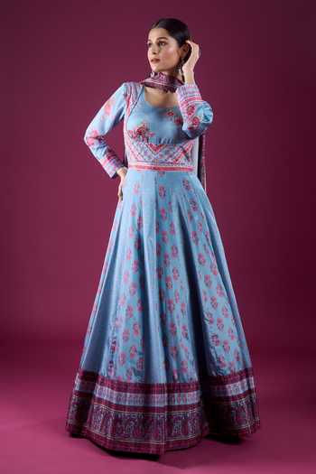 Samyukta Singhania_Sky Blue Polyester, Chinon Scoop Neck Floral Print Anarkali And Dupatta Set _at_Aza_Fashions