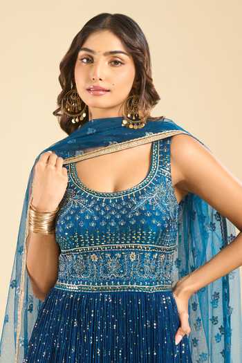 Samyukta Singhania Green Polyester, Chinon Scoop Neck Tonal Embroidered Anarkali And Dupatta Set Online at Aza Fashions Samyukta Singhania_Green Polyester, Chinon Scoop Neck Tonal Embroidered Anarkali And Dupatta Set _Online_at_Aza_Fashions