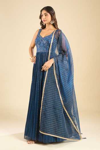 Samyukta Singhania Navy Polyester, Chinon Sweetheart Neck Embroidered Anarkali And Dupatta Set Online at Aza Fashions Samyukta Singhania_Navy Polyester, Chinon Sweetheart Neck Embroidered Anarkali And Dupatta Set _Online_at_Aza_Fashions
