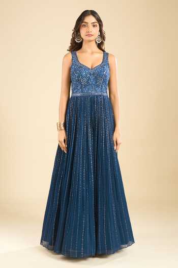 Samyukta Singhania Navy Polyester, Chinon Sweetheart Neck Embroidered Anarkali And Dupatta Set at Aza Fashions Samyukta Singhania_Navy Polyester, Chinon Sweetheart Neck Embroidered Anarkali And Dupatta Set _at_Aza_Fashions