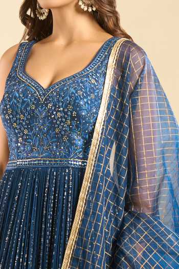 Buy Samyukta Singhania Navy Polyester, Chinon Sweetheart Neck Embroidered Anarkali And Dupatta Set Buy_Samyukta Singhania_Navy Polyester, Chinon Sweetheart Neck Embroidered Anarkali And Dupatta Set