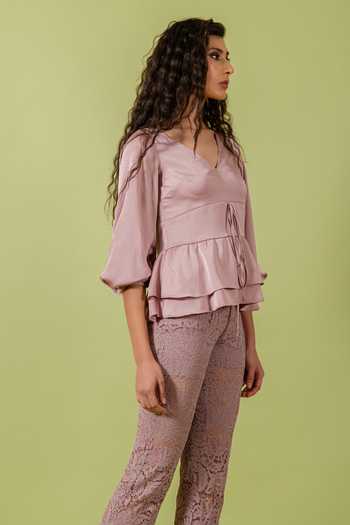 Swatee Singh Purple Satin, Lace V-neck Layered Hem Top With Pant Online at Aza Fashions Swatee Singh_Purple Satin, Lace V-neck Layered Hem Top With Pant _Online_at_Aza_Fashions
