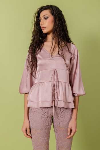 Shop Swatee Singh Purple Satin, Lace V-neck Layered Hem Top With Pant Online at Aza Fashions Shop_Swatee Singh_Purple Satin, Lace V-neck Layered Hem Top With Pant _Online_at_Aza_Fashions