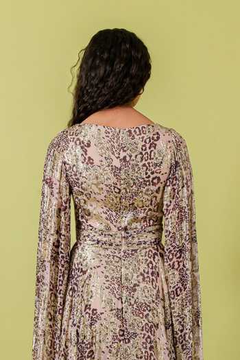 Buy_Swatee Singh_Beige Georgette Foil Printing V-neck Saphira Leopard Gown 