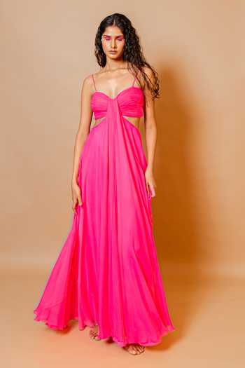 Buy_Swatee Singh_Pink Georgette Sweetheart Neck Zinnia Strappy Ruched Gown 