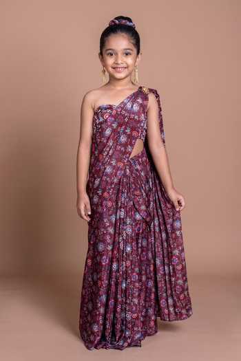 Damoiselle Pearl Embroidered Midnight Rani Saree For Kids