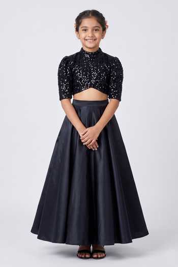 Damoiselle Black Madrid Embroidered Skirt With Blouse For Kids