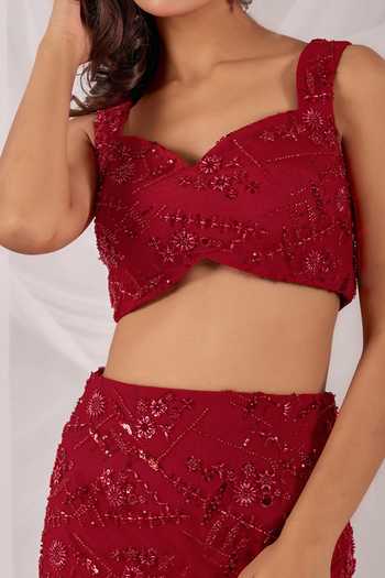 Damoiselle Red Gulzaar Embroidered Pencil Skirt Set For Kids Online at Aza Fashions Damoiselle_Red Gulzaar Embroidered Pencil Skirt Set For Kids_Online_at_Aza_Fashions