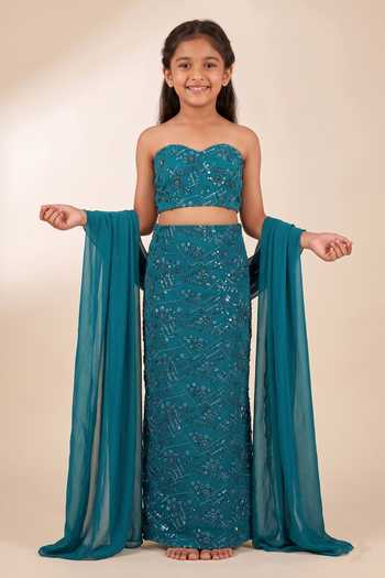 Damoiselle Aqua Serene Embroidered Pencil Skirt Set For Kids