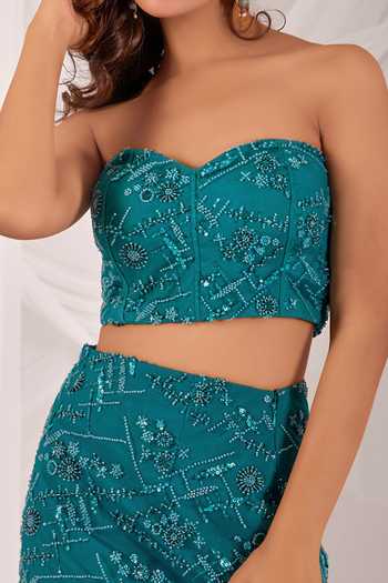 Damoiselle Teal Aqua Serene Embroidered Pencil Skirt Set For Kids Online at Aza Fashions Damoiselle_Teal Aqua Serene Embroidered Pencil Skirt Set For Kids_Online_at_Aza_Fashions