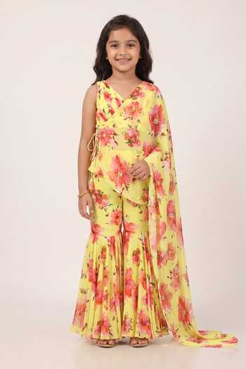 Damoiselle Citrus Bloom Draped Cape Sharara Set For Kids