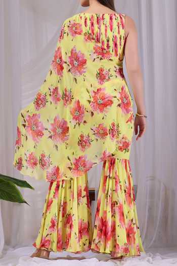 Damoiselle Citrus Bloom Draped Cape Sharara Set For Kids