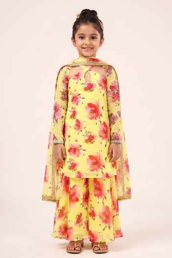 Damoiselle Sunehri Phool Printed Viscose Georgette Kurta Set For Kids