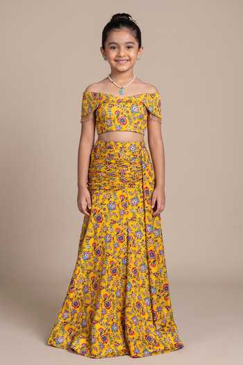 Damoiselle Mustard Floral Off-Shoulder Lehenga Set For Kids