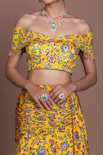 Damoiselle Mustard Floral Off-Shoulder Lehenga Set For Kids