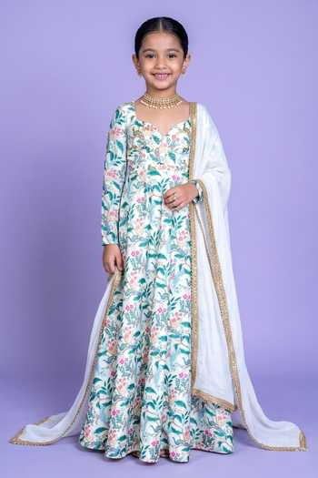 Damoiselle Ivory Serenade Embroidered Anarkali Gown Set For Kids