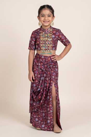 Damoiselle Garnet Grid Draped Skirt Set For Kids