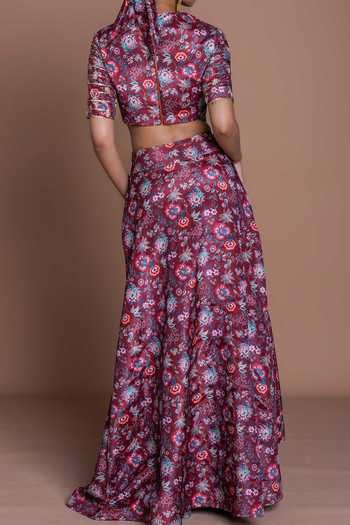 Damoiselle Garnet Grid Draped Skirt Set For Kids