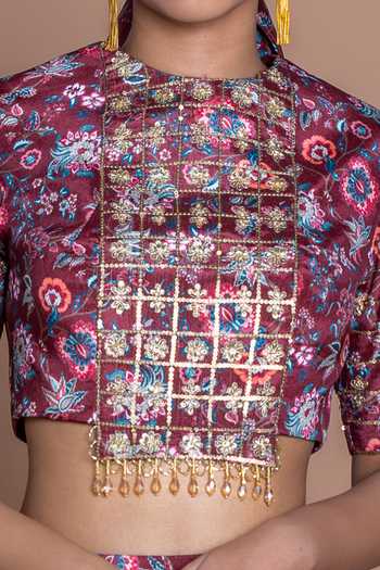 Damoiselle_Maroon Garnet Grid Draped Skirt Set For Kids_Online_at_Aza_Fashions