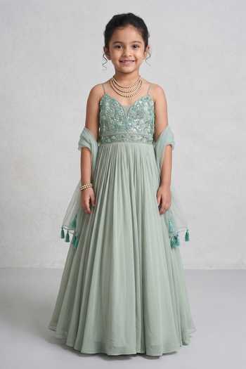 Damoiselle Imperial Sage Embroidered Anarkali With Dupatta For Kids