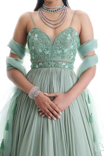 Damoiselle_Green Shantoon, Georgette Net Imperial Sage Embroidered Anarkali With Dupatta For Kids_Online_at_Aza_Fashions